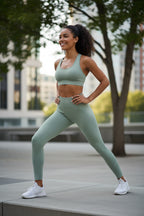 Light green ribbed leggings on a white background