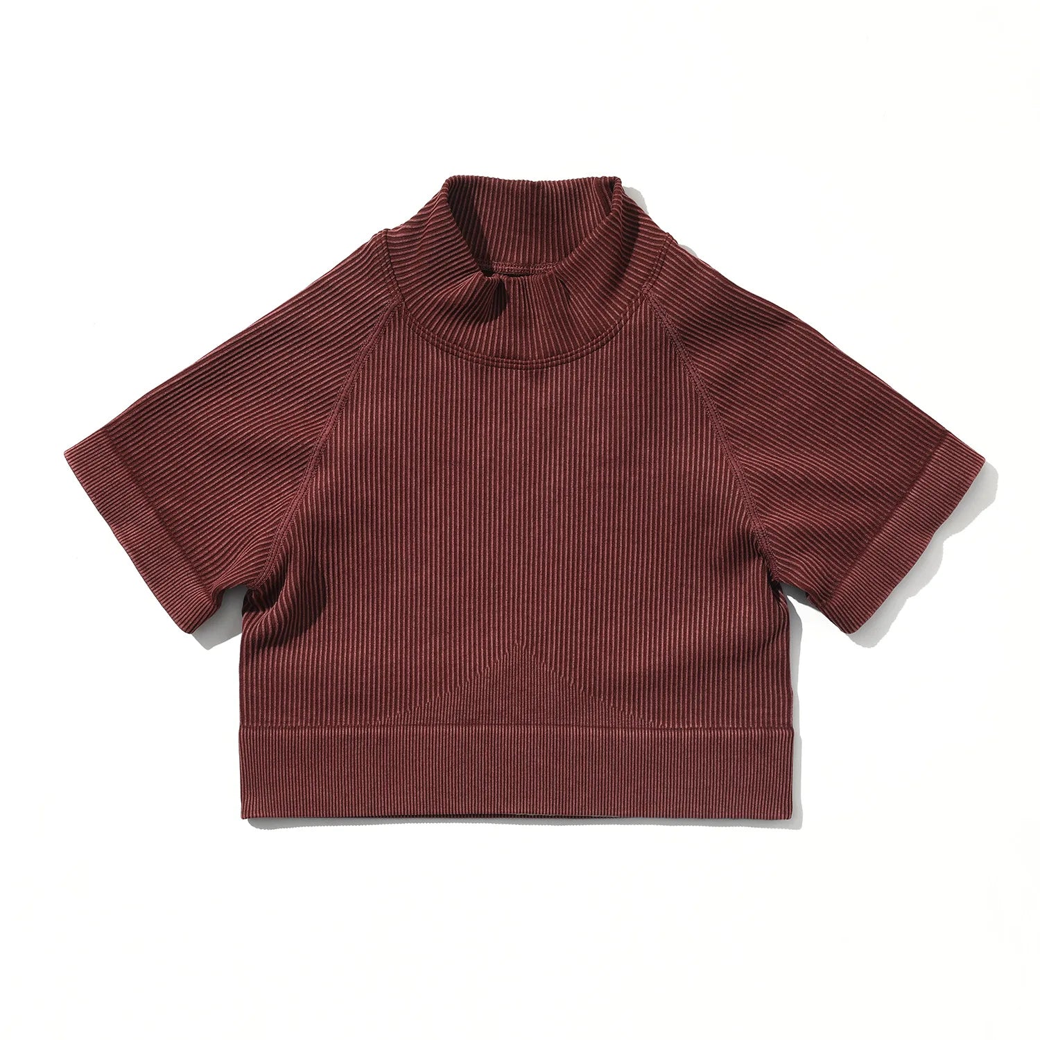 Brown ribbed turtleneck sweater on a white background