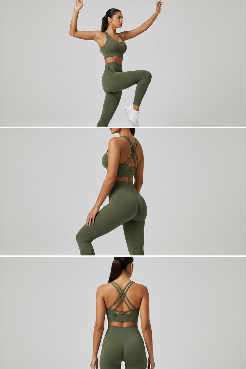 Three views of a person wearing brown athletic leggings and sports bra on a light gray background