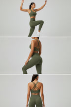 Three views of a person wearing brown athletic leggings and sports bra on a light gray background