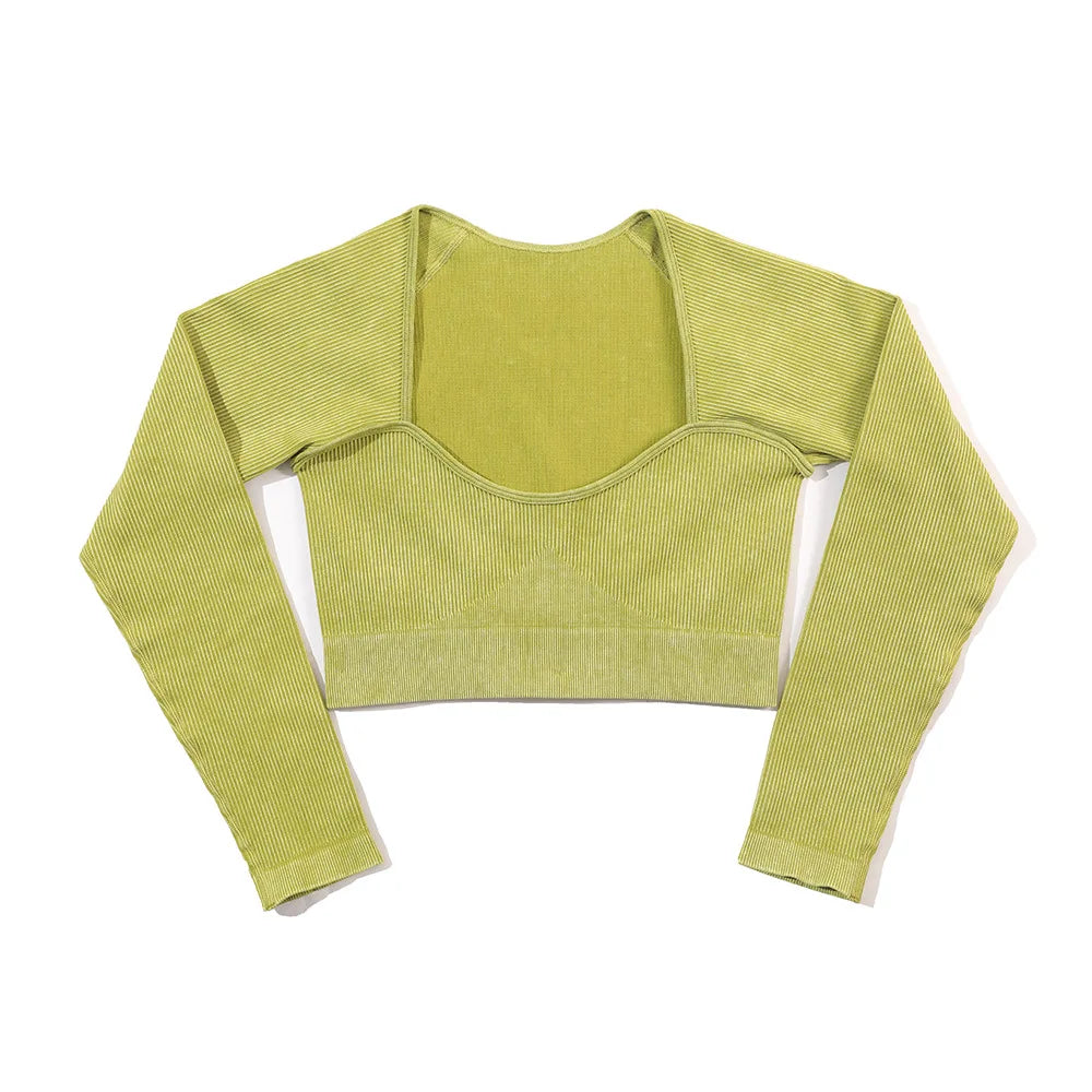 Green ribbed long-sleeve crop top on a white background