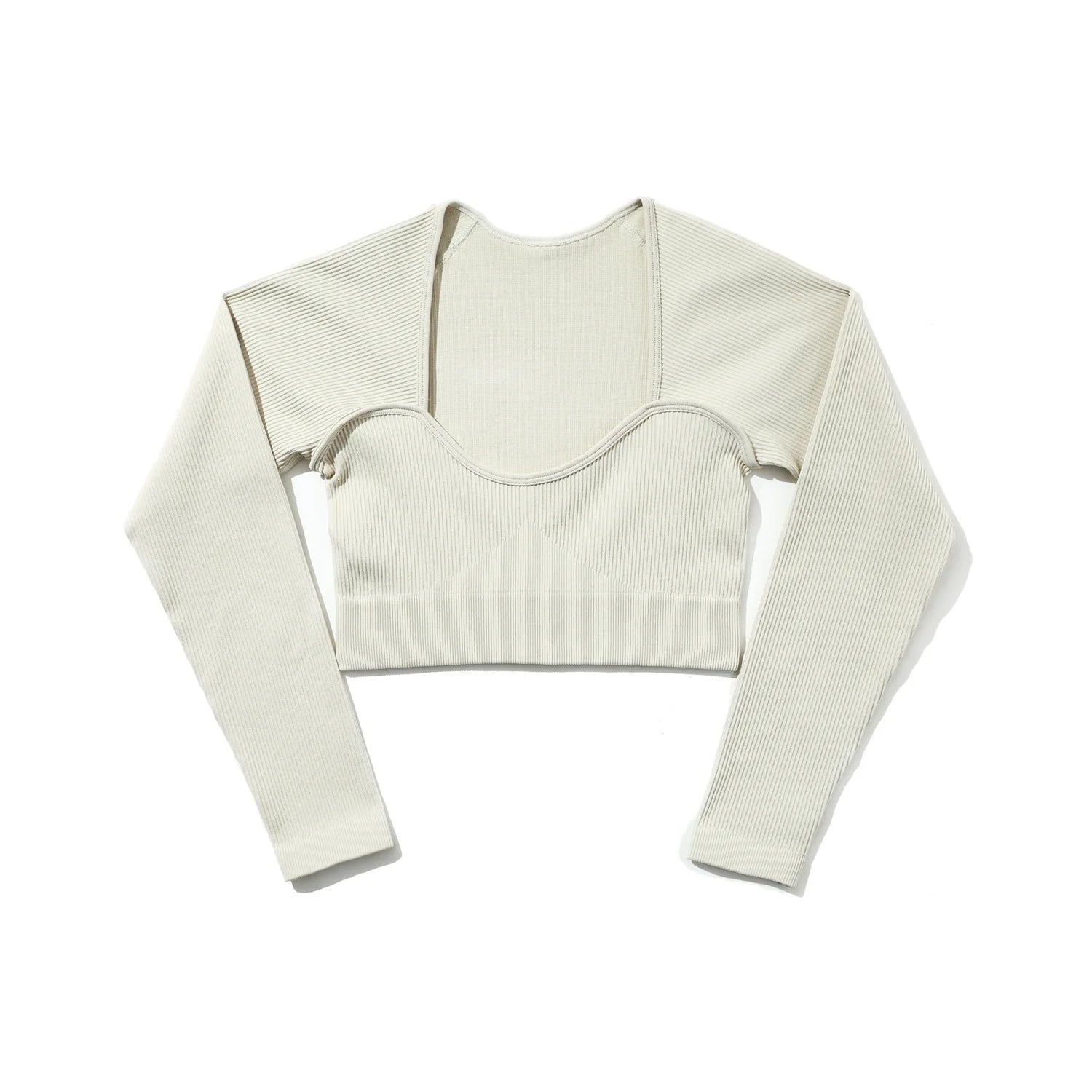 White ribbed long-sleeve crop top on a white background
